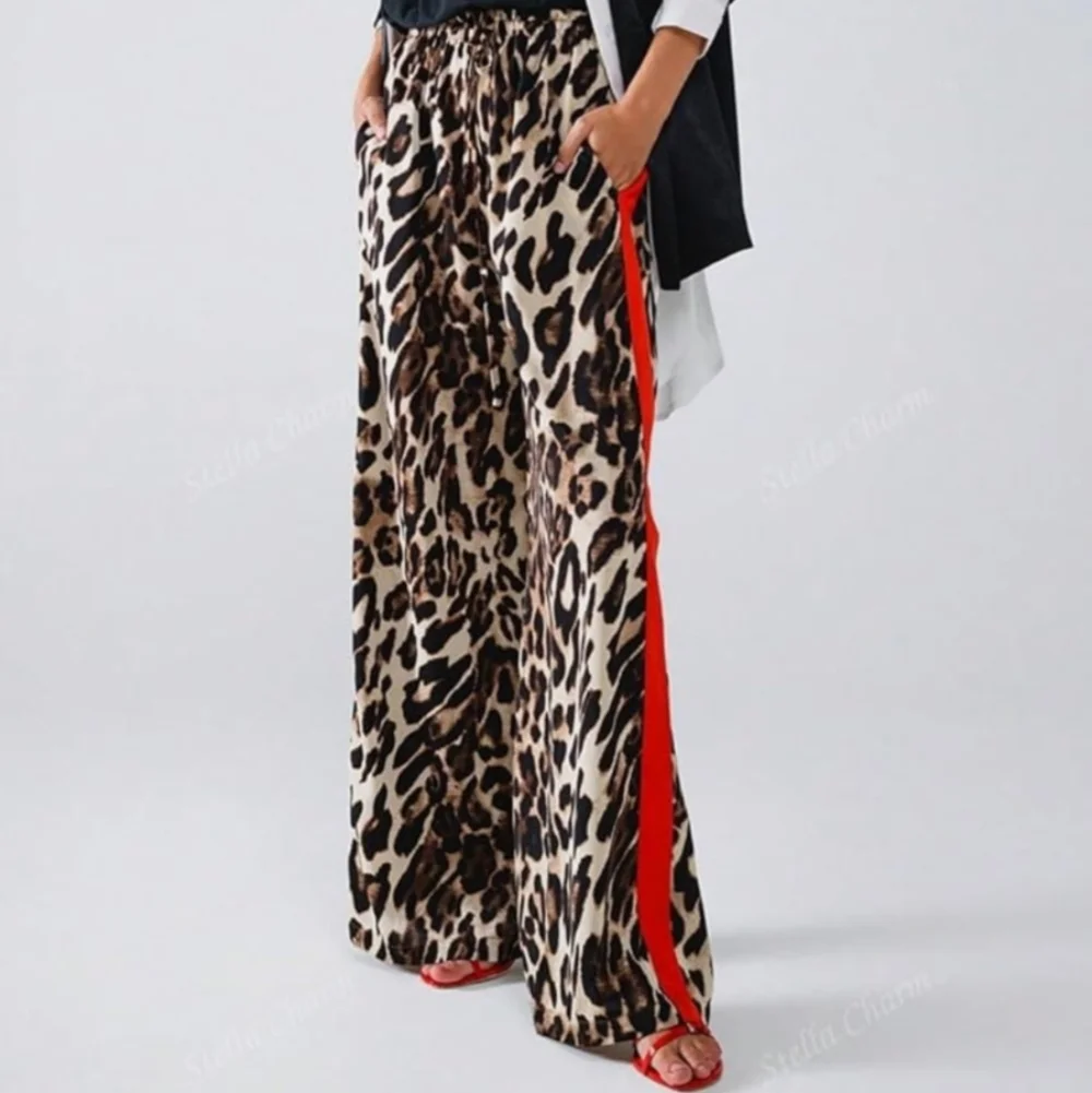 Leopard Print Color Block Wide-Leg Pants with Red Stripe - Picture 1 of 7